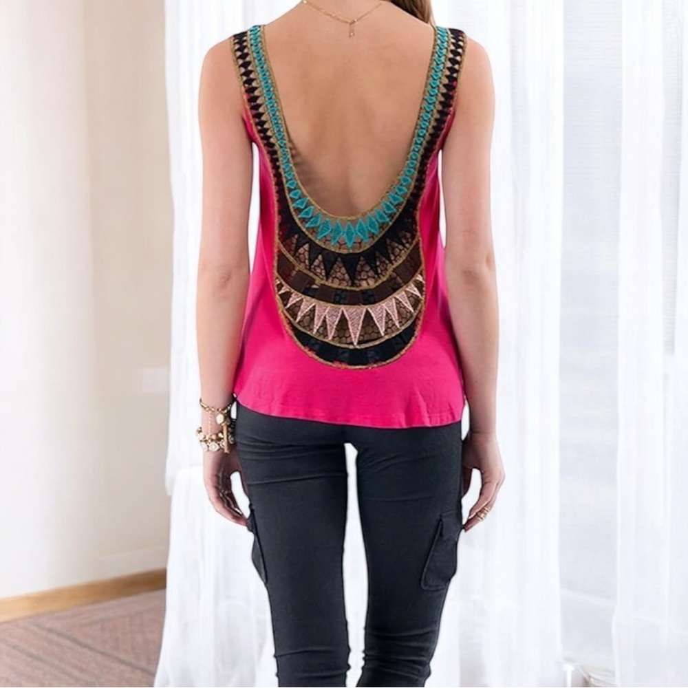 Altar'd State Bright Pink Crochet Back Teal, Black, Gold Cropped Tank